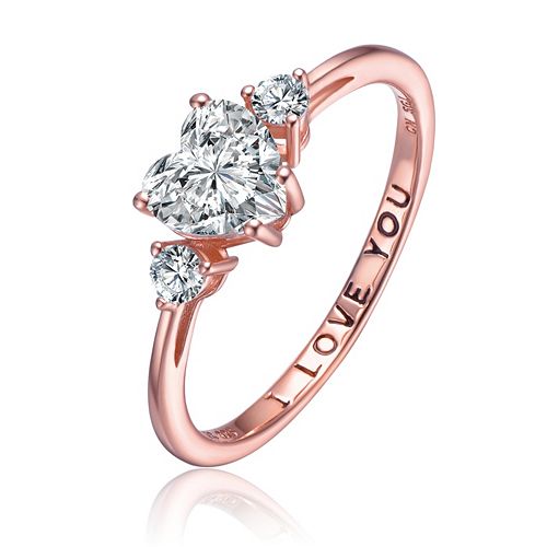 Genevive Sterling Silver Heart and Round Clear Cubic Zirconia's Three-Stone "I Love You" Ring Jewelry & Watches