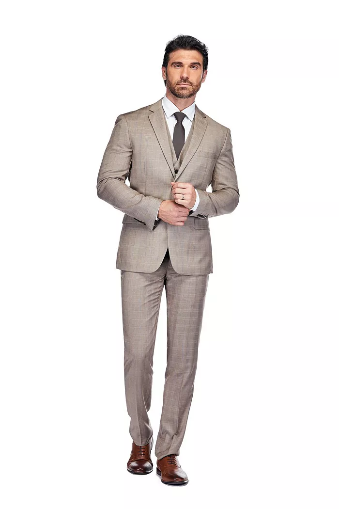 Gino Vitale Men's 3 Piece Slim Fit Brown Check Suit Men's Fashion & Accessories