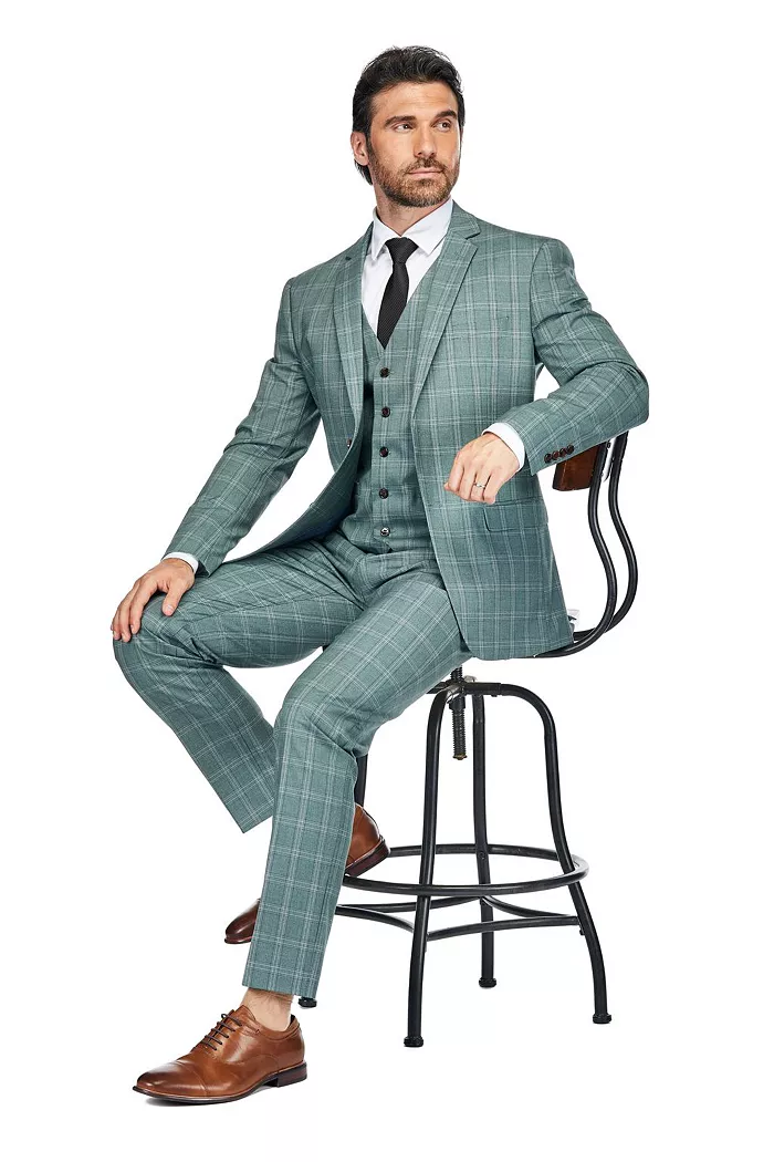 Gino Vitale Men's 3 Piece Slim Fit Green Plaid Suit Men's Fashion & Accessories
