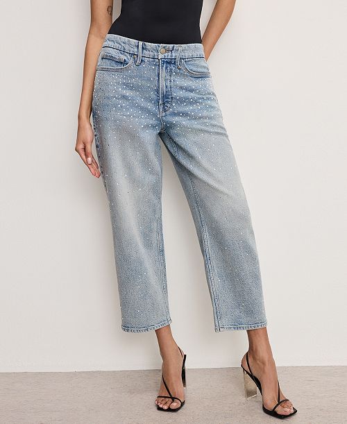 Good American Women's Crystal Stars Good 90s Cropped Jeans Women's Fashion Shoes & Accessories