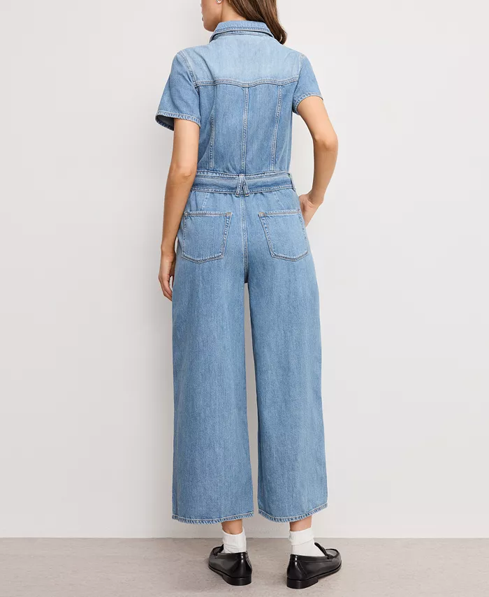 Good American Women's Fit For Success Denim Cropped Jumpsuit Women's Fashion Shoes & Accessories