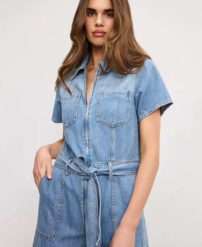 Good American Women's Fit For Success Denim Cropped Jumpsuit Women's Fashion Shoes & Accessories