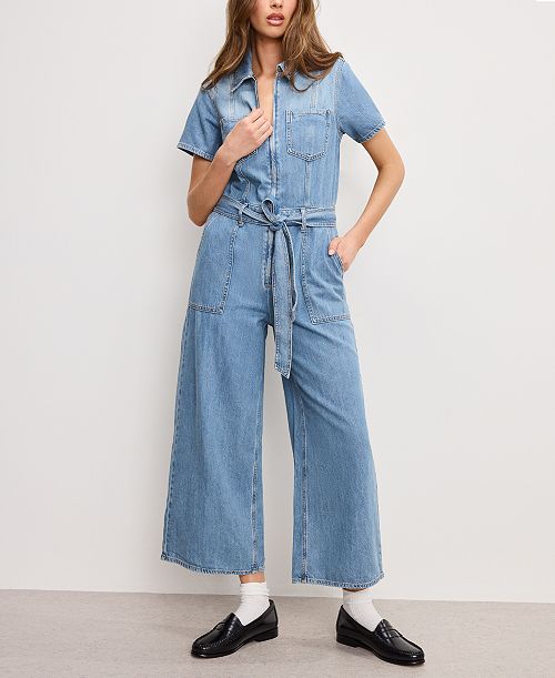 Good American Women's Fit For Success Denim Cropped Jumpsuit Women's Fashion Shoes & Accessories