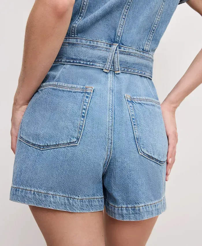 Good American Women's Fit For Success Lite Denim Short-Sleeve Romper Women's Fashion Shoes & Accessories