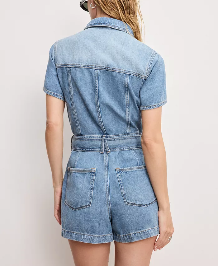 Good American Women's Fit For Success Lite Denim Short-Sleeve Romper Women's Fashion Shoes & Accessories