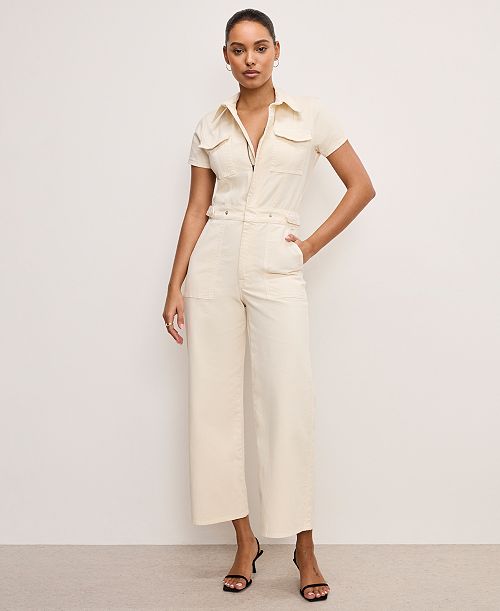 Good American Women's Fit For Success Twill Palazzo Cropped Jumpsuit Women's Fashion Shoes & Accessories