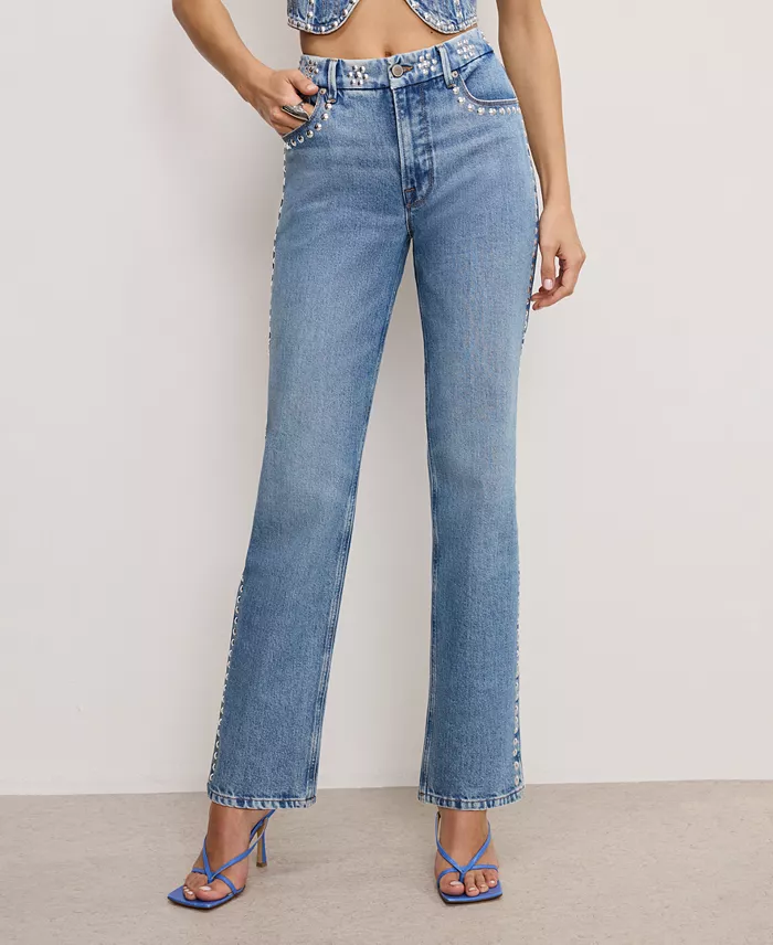 Good American Women's Good Icon Studded Straight-Leg Jeans Women's Fashion Shoes & Accessories