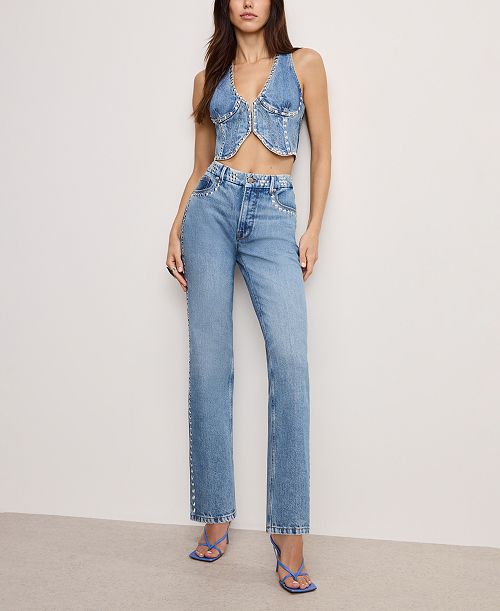 Good American Women's Good Icon Studded Straight-Leg Jeans Women's Fashion Shoes & Accessories