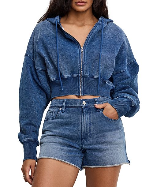 Good American Women's Jeanius Cotton Zip-Up Hoodie Women's Fashion Shoes & Accessories