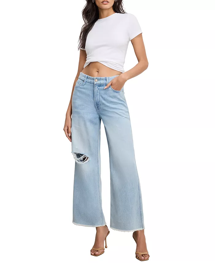 Good American Women's Weightless Good Skate Cropped Wide-Leg Jeans Women's Fashion Shoes & Accessories