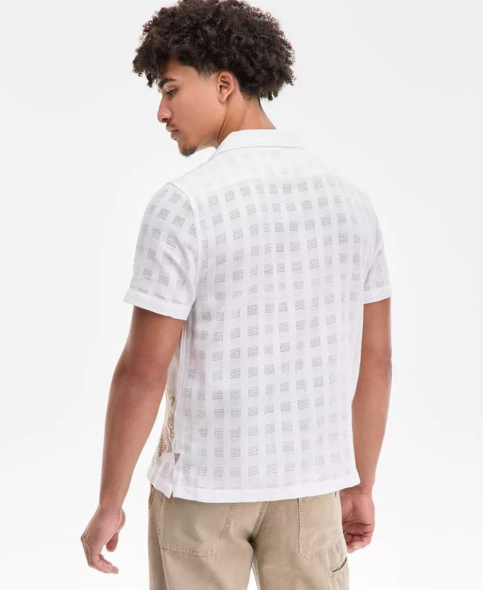 GUESS Men's Conrad Regular-Fit Embroidered Mesh Check Button-Down Shirt Men's Fashion & Accessories