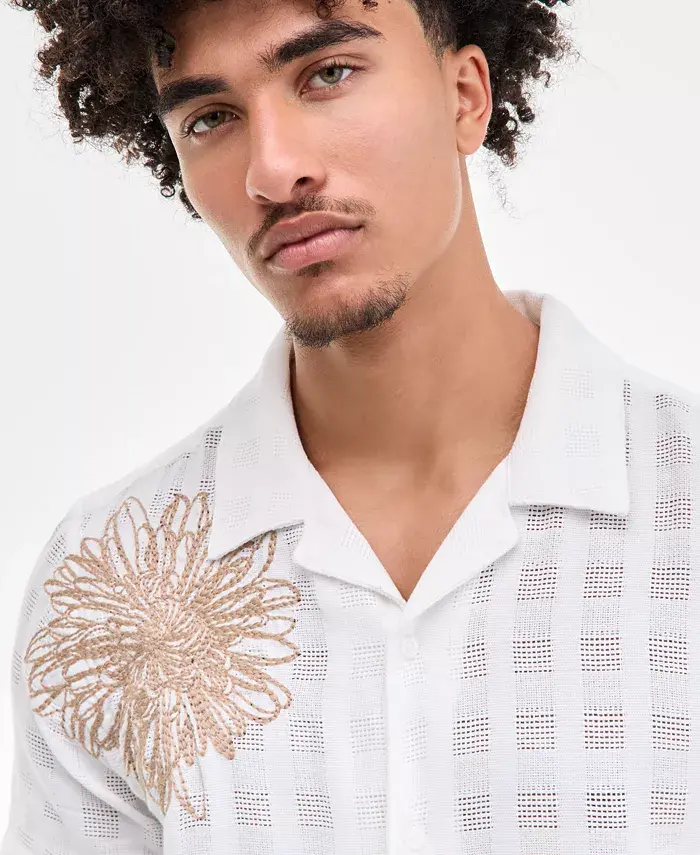 GUESS Men's Conrad Regular-Fit Embroidered Mesh Check Button-Down Shirt Men's Fashion & Accessories