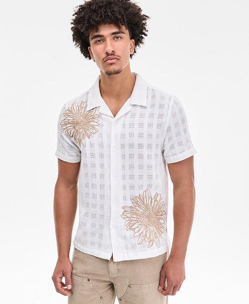 GUESS Men's Conrad Regular-Fit Embroidered Mesh Check Button-Down Shirt Men's Fashion & Accessories