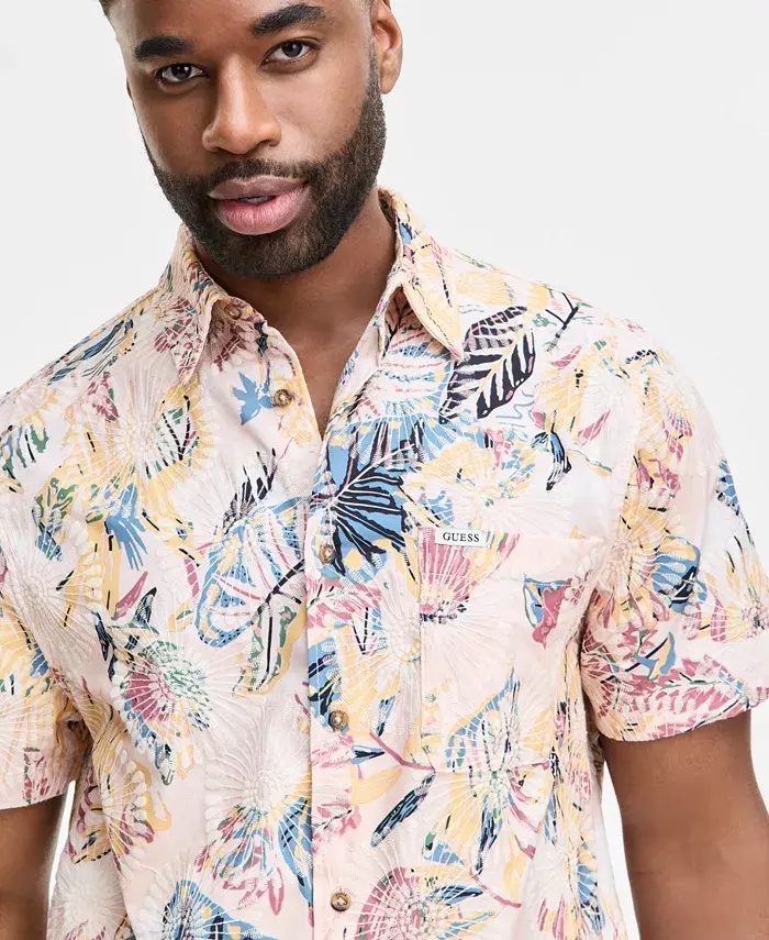 GUESS Men's Embro Printed Short-Sleeve Button Shirt Men's Fashion & Accessories