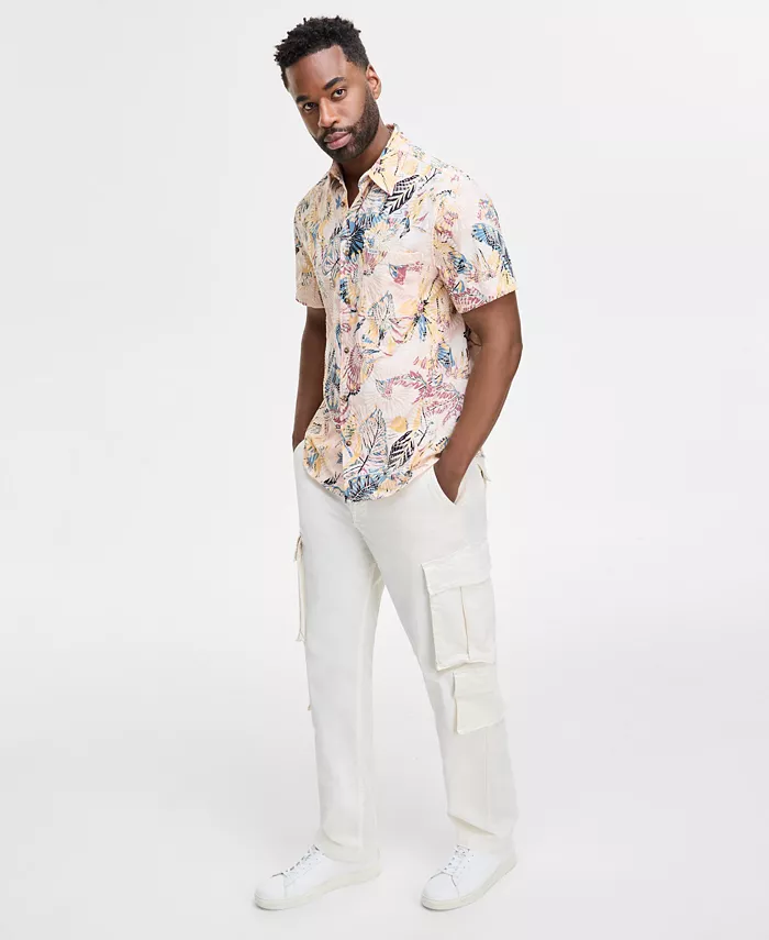 GUESS Men's Embro Printed Short-Sleeve Button Shirt Men's Fashion & Accessories
