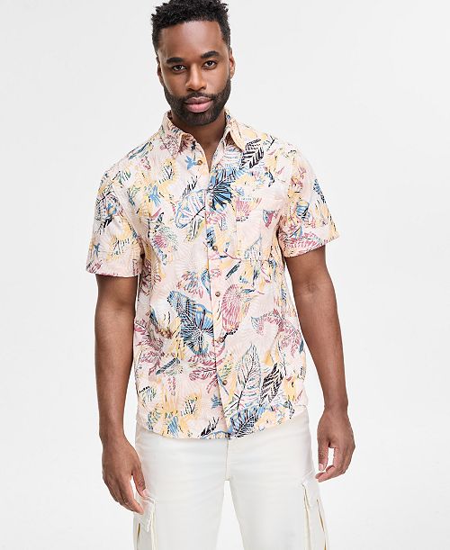 GUESS Men's Embro Printed Short-Sleeve Button Shirt Men's Fashion & Accessories