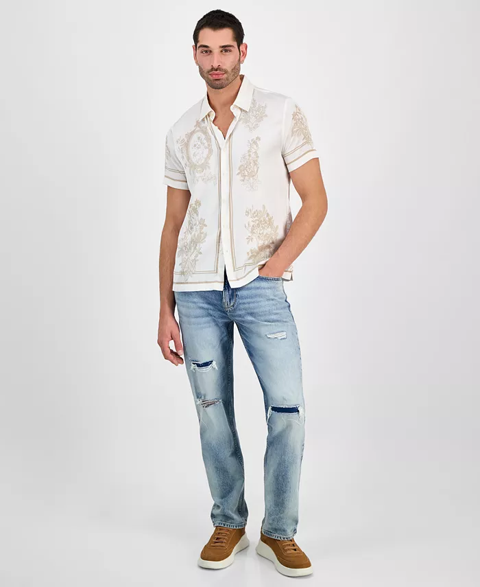 GUESS Men's Floral Mirror Charm Short Sleeve Button-Front Shirt Men's Fashion & Accessories