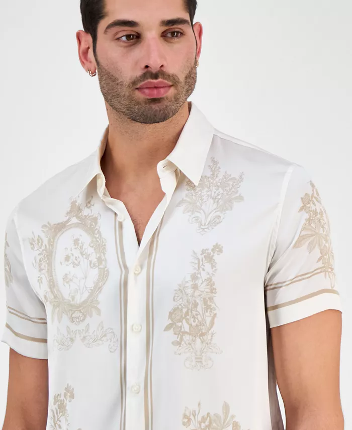 GUESS Men's Floral Mirror Charm Short Sleeve Button-Front Shirt Men's Fashion & Accessories