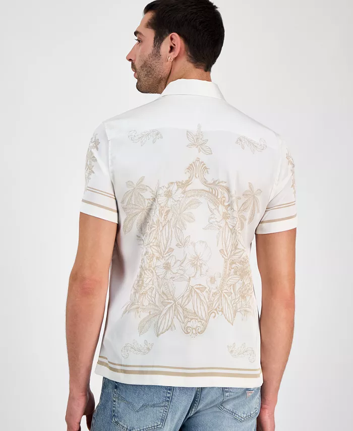 GUESS Men's Floral Mirror Charm Short Sleeve Button-Front Shirt Men's Fashion & Accessories