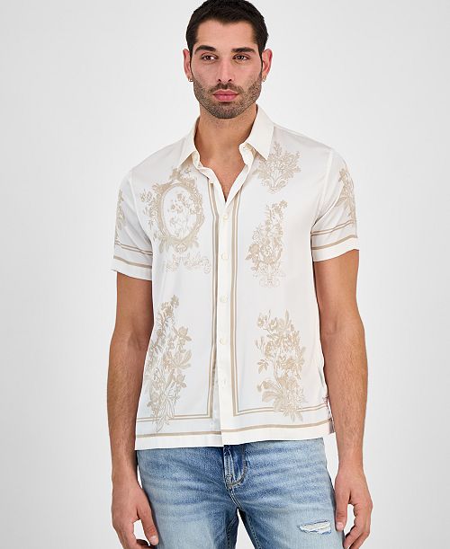 GUESS Men's Floral Mirror Charm Short Sleeve Button-Front Shirt Men's Fashion & Accessories