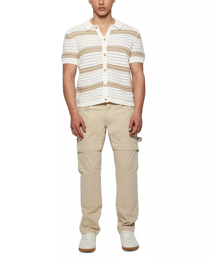 GUESS Men's Joshua Relaxed Fit Short Sleeve Button-Front Striped Sweater Men's Fashion & Accessories