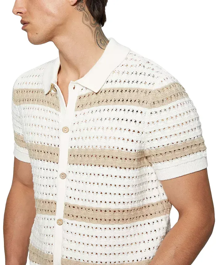 GUESS Men's Joshua Relaxed Fit Short Sleeve Button-Front Striped Sweater Men's Fashion & Accessories