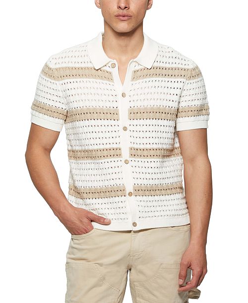 GUESS Men's Joshua Relaxed Fit Short Sleeve Button-Front Striped Sweater Men's Fashion & Accessories