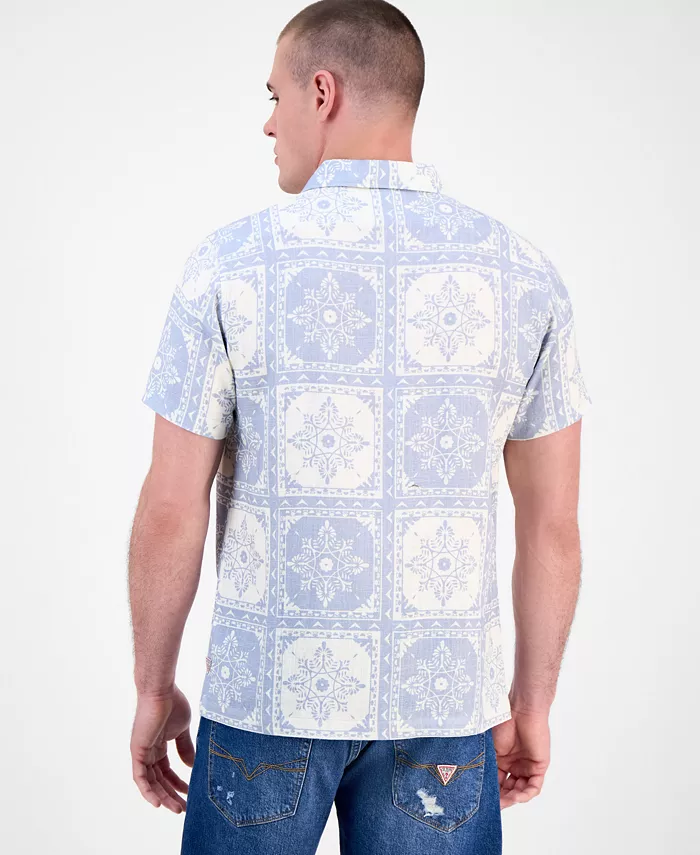 GUESS Men's Mosley Short Sleeve Tile Print Button-Front Shirt Men's Fashion & Accessories