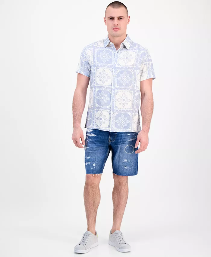 GUESS Men's Mosley Short Sleeve Tile Print Button-Front Shirt Men's Fashion & Accessories