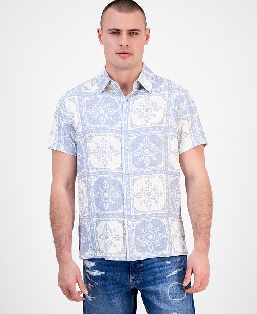 GUESS Men's Mosley Short Sleeve Tile Print Button-Front Shirt Men's Fashion & Accessories