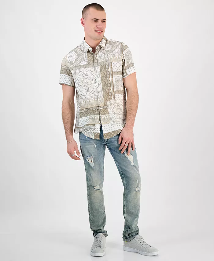 GUESS Men's Regular-Fit Patchwork Tile-Print Button-Down Shirt Men's Fashion & Accessories