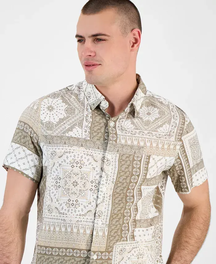GUESS Men's Regular-Fit Patchwork Tile-Print Button-Down Shirt Men's Fashion & Accessories