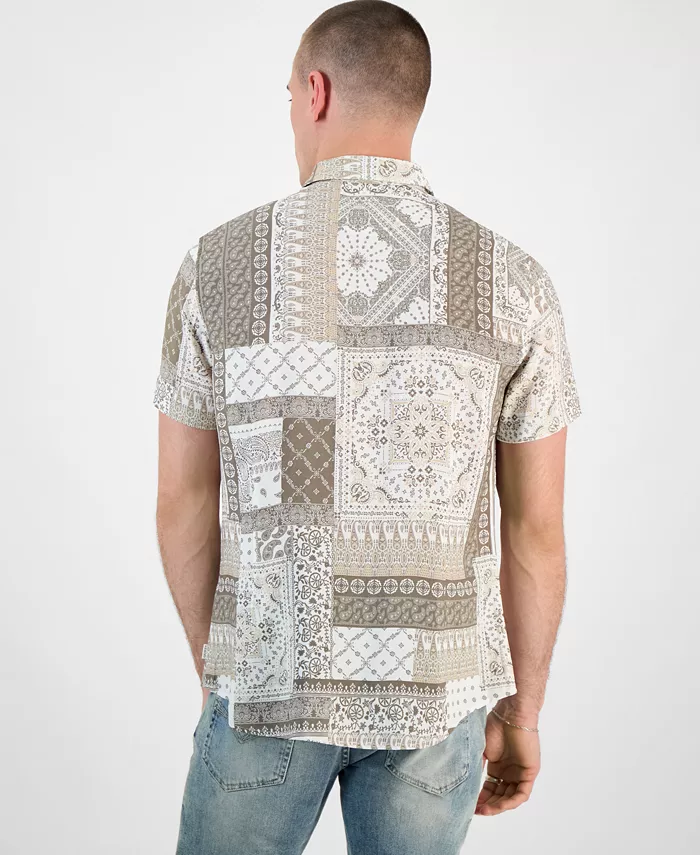 GUESS Men's Regular-Fit Patchwork Tile-Print Button-Down Shirt Men's Fashion & Accessories