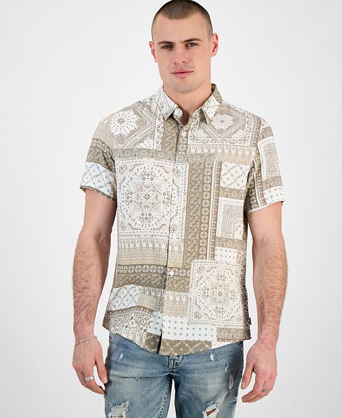 GUESS Men's Regular-Fit Patchwork Tile-Print Button-Down Shirt Men's Fashion & Accessories