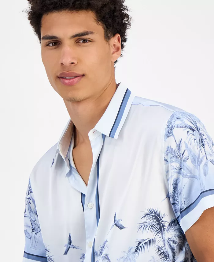 GUESS Men's Short Sleeve Button Front Jungle Scenery Shirt Men's Fashion & Accessories