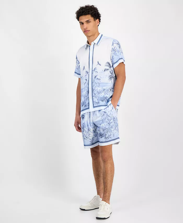 GUESS Men's Short Sleeve Button Front Jungle Scenery Shirt Men's Fashion & Accessories