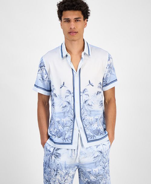 GUESS Men's Short Sleeve Button Front Jungle Scenery Shirt Men's Fashion & Accessories