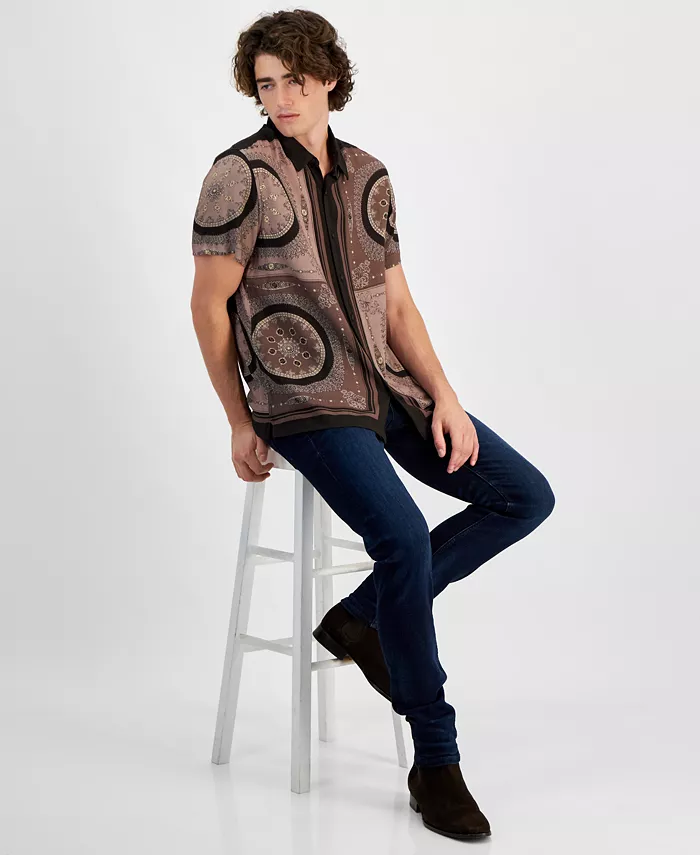 GUESS Men's Short Sleeve Button Front Medallion Print Shirt Men's Fashion & Accessories