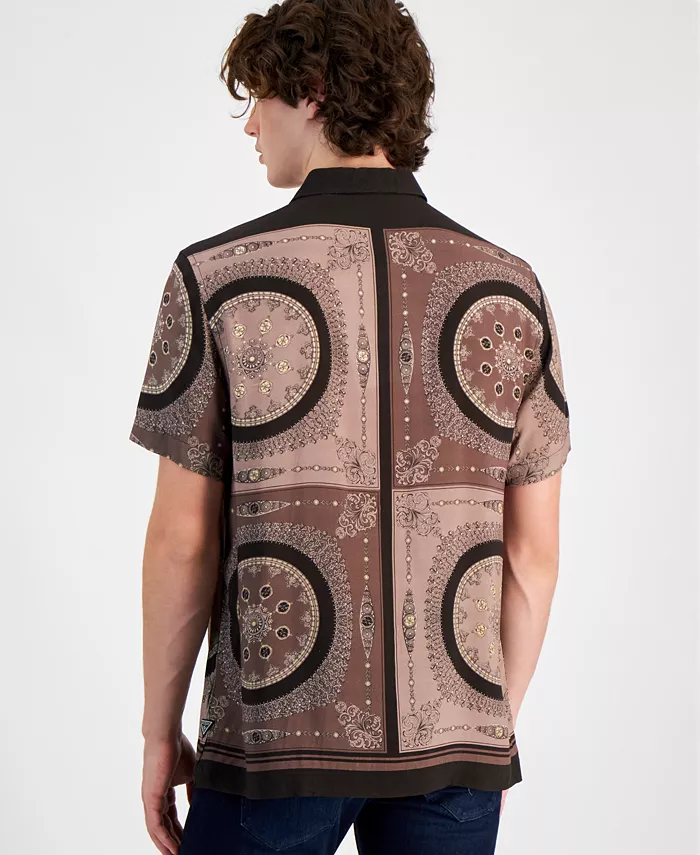 GUESS Men's Short Sleeve Button Front Medallion Print Shirt Men's Fashion & Accessories