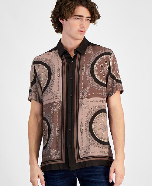 GUESS Men's Short Sleeve Button Front Medallion Print Shirt Men's Fashion & Accessories
