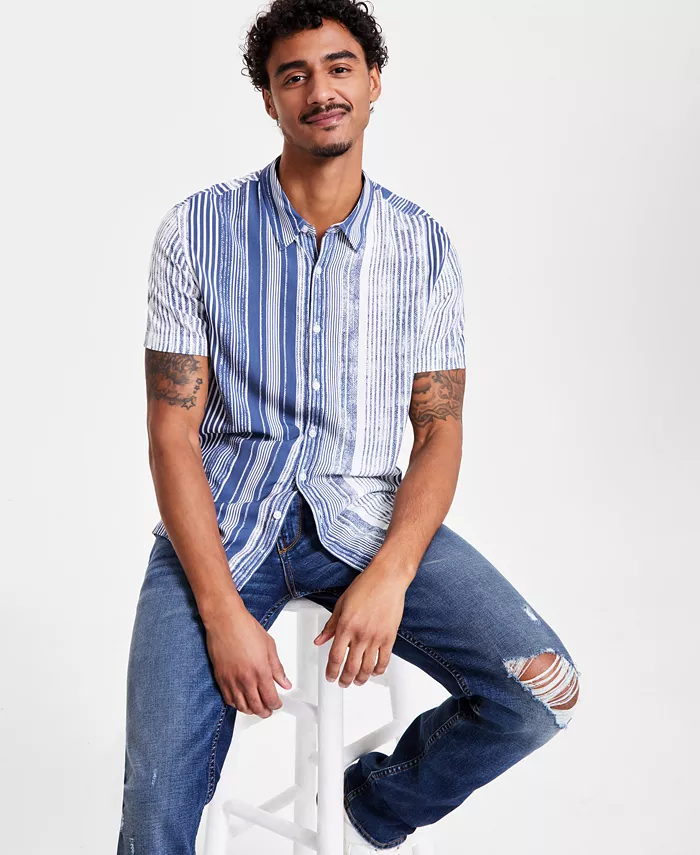 GUESS Men's Short Sleeve Striped Button-Front Shirt Men's Fashion & Accessories