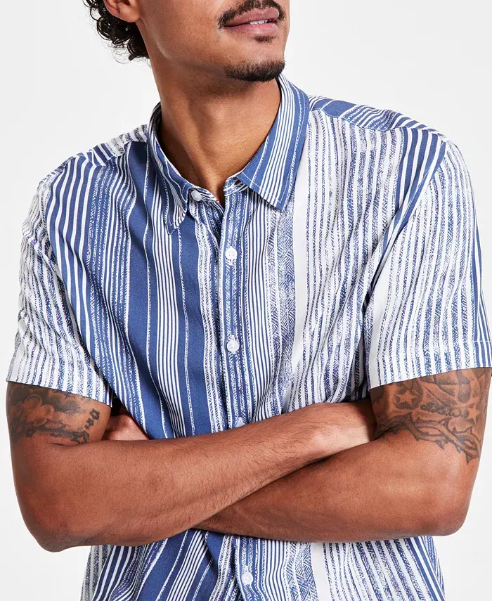 GUESS Men's Short Sleeve Striped Button-Front Shirt Men's Fashion & Accessories