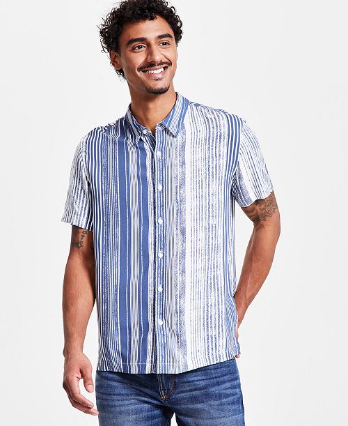 GUESS Men's Short Sleeve Striped Button-Front Shirt Men's Fashion & Accessories