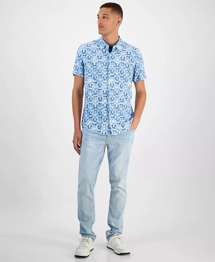 GUESS Men's Slim Fit Short Sleeve Printed Button-Front Shirt Men's Fashion & Accessories
