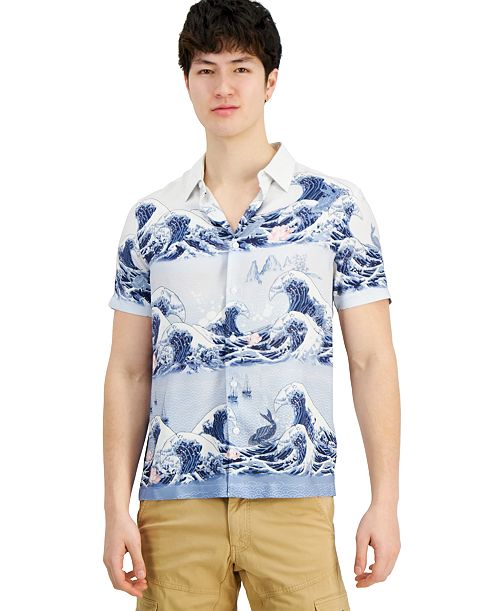 GUESS Men's Wave-Print Short-Sleeve Button-Down Shirt Men's Fashion & Accessories