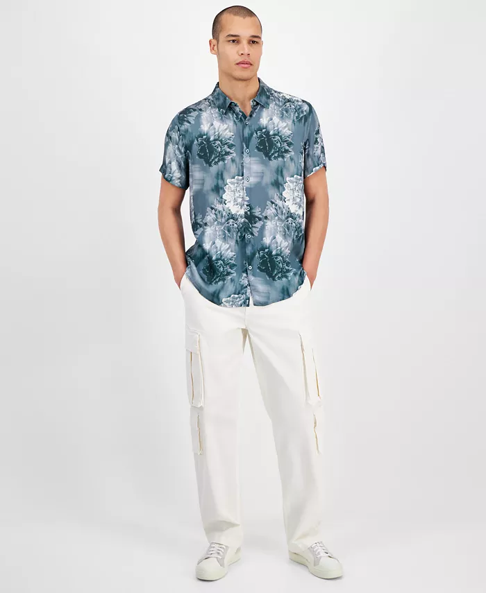 GUESS Men's Wayco Floral-Print Short-Sleeve Shirt Men's Fashion & Accessories