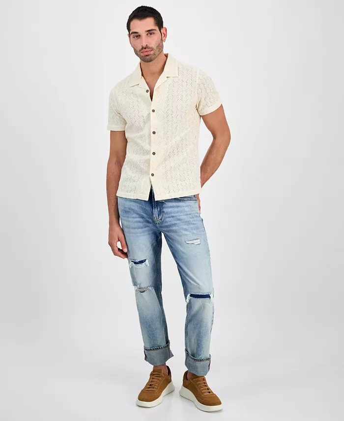 GUESS Men's Wesley Short Sleeve Crochet Camp Shirt Men's Fashion & Accessories