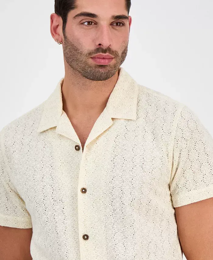 GUESS Men's Wesley Short Sleeve Crochet Camp Shirt Men's Fashion & Accessories
