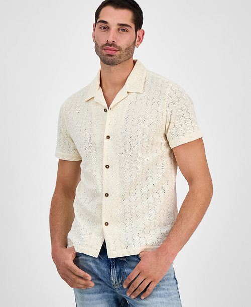 GUESS Men's Wesley Short Sleeve Crochet Camp Shirt Men's Fashion & Accessories
