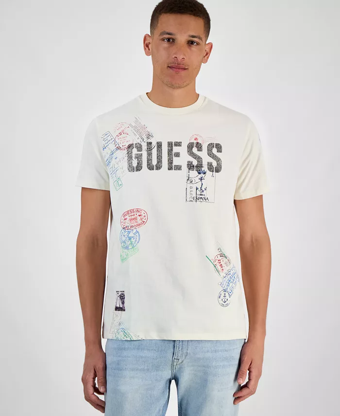 GUESS Men's World Stamps Logo Graphic Crewneck T-Shirt Men's Fashion & Accessories